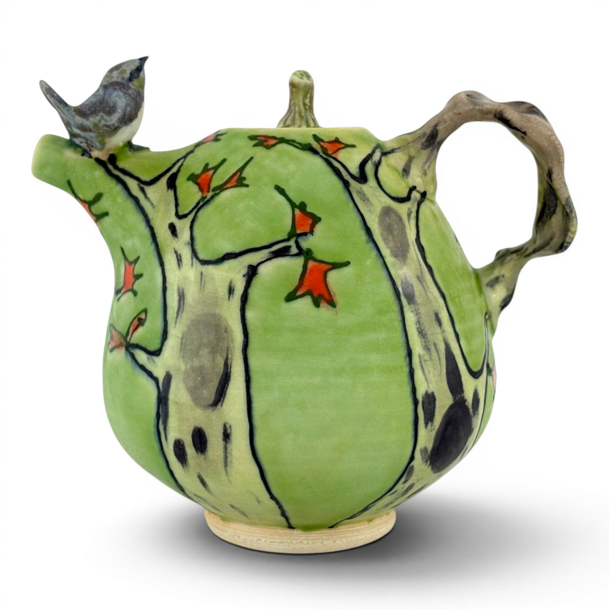 Lucy Dierks - Green Fall Teapot with Blue Robin