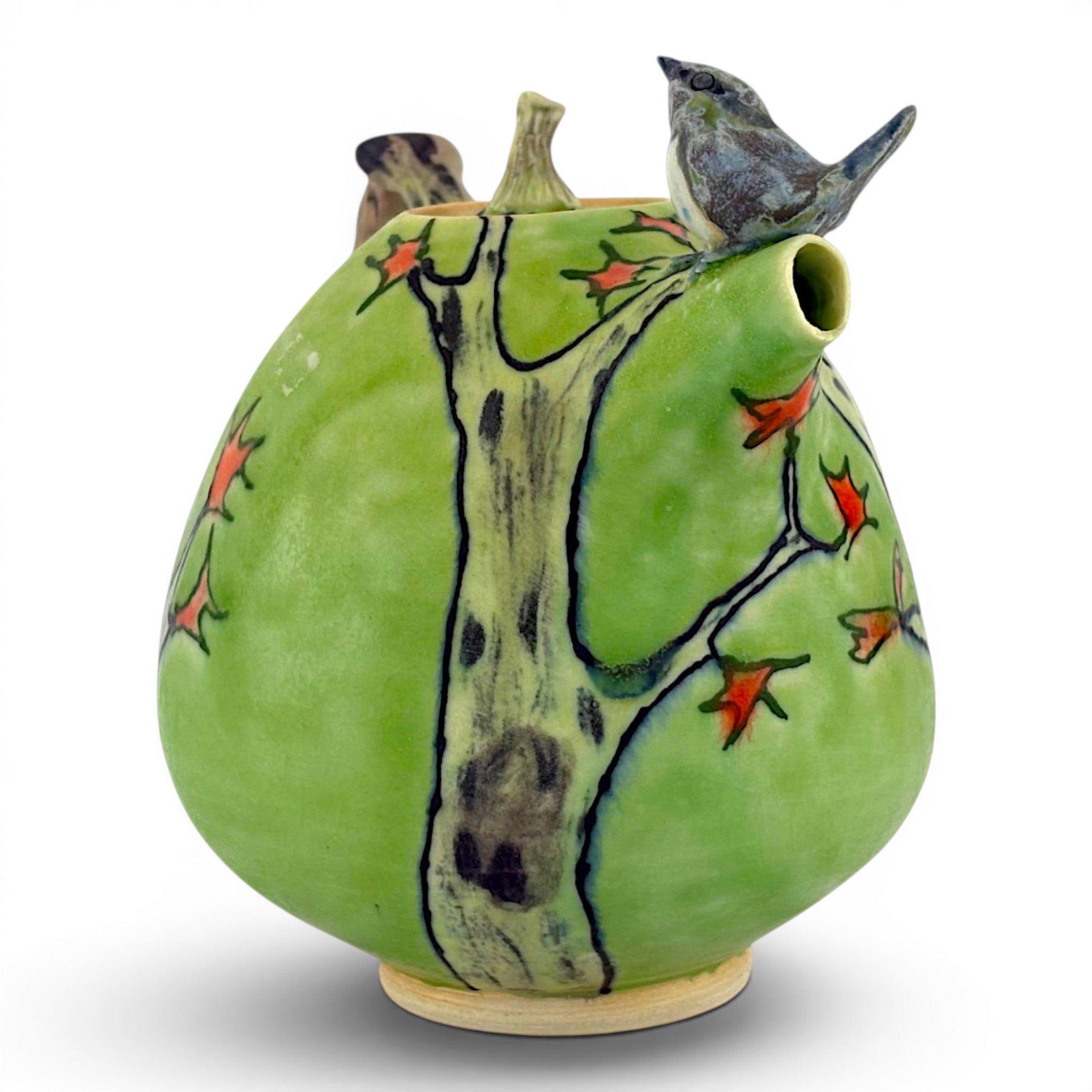 Lucy Dierks - Green Fall Teapot with Blue Robin