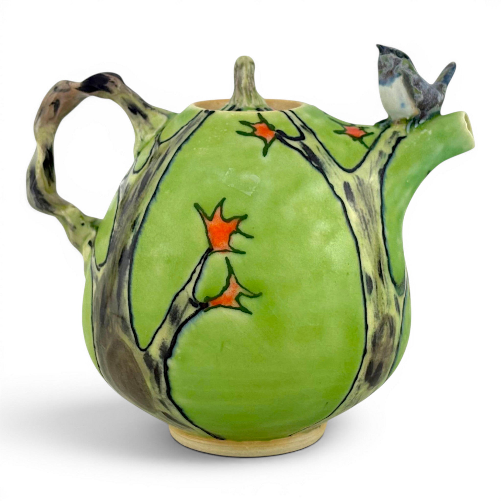 Lucy Dierks - Green Fall Teapot with Blue Robin