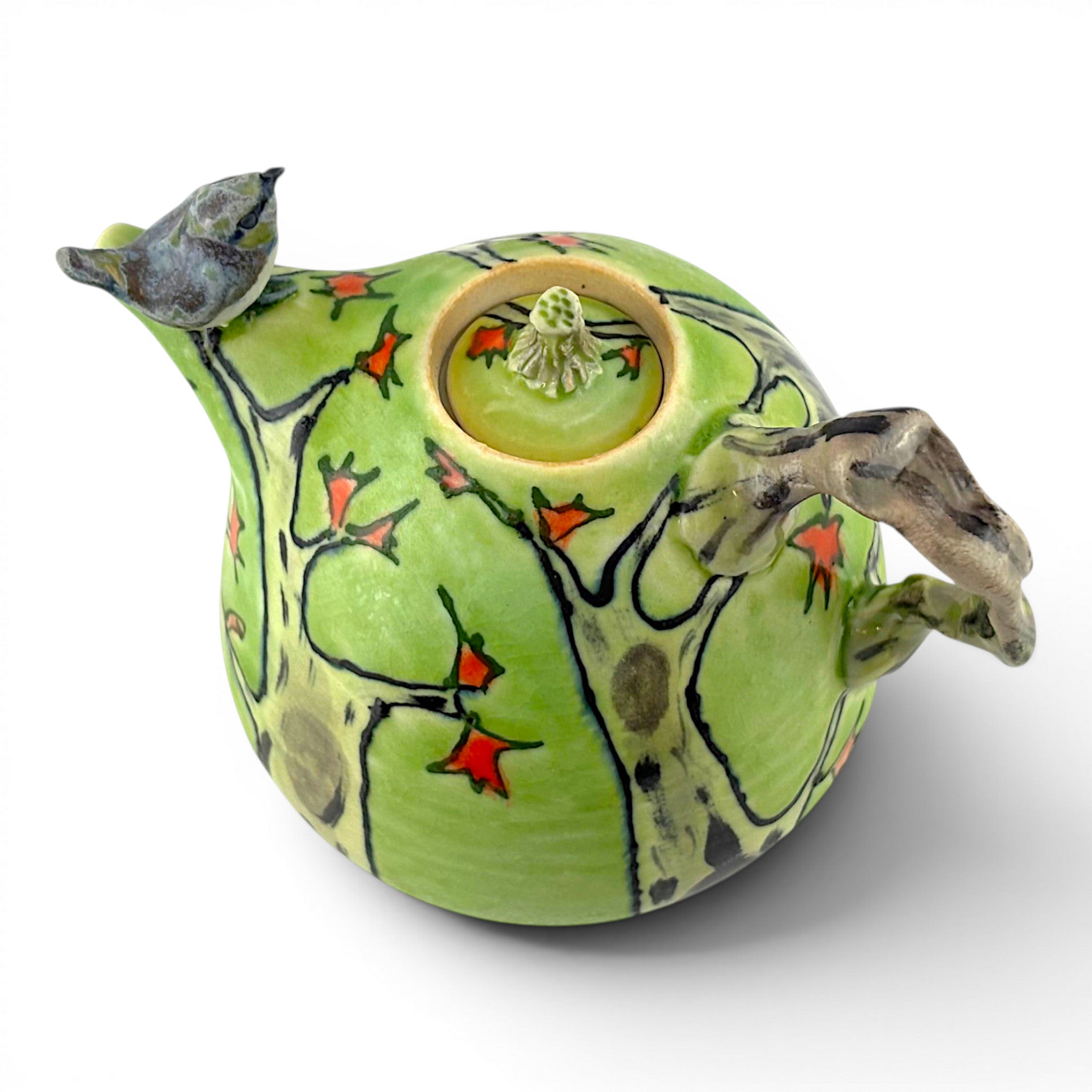 Lucy Dierks - Green Fall Teapot with Blue Robin