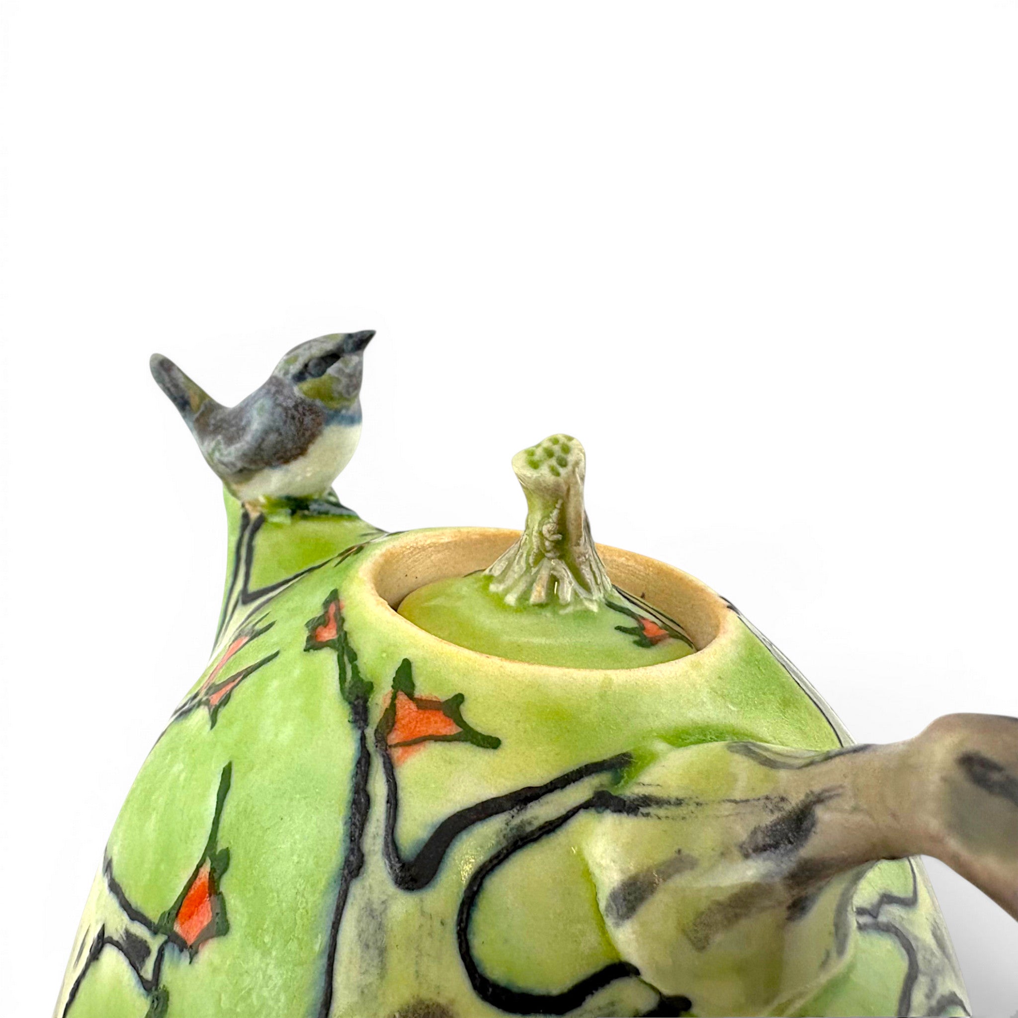 Lucy Dierks - Green Fall Teapot with Blue Robin