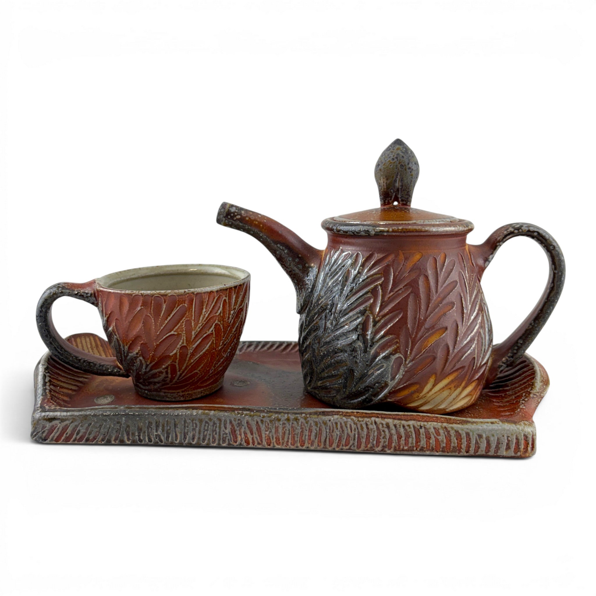 Joy Tanner - Carved Teapot & Cup with Tray