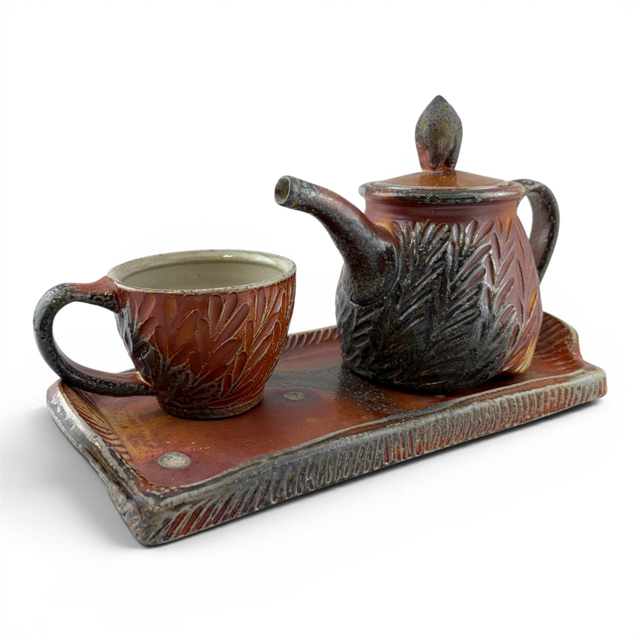 Joy Tanner - Carved Teapot & Cup with Tray