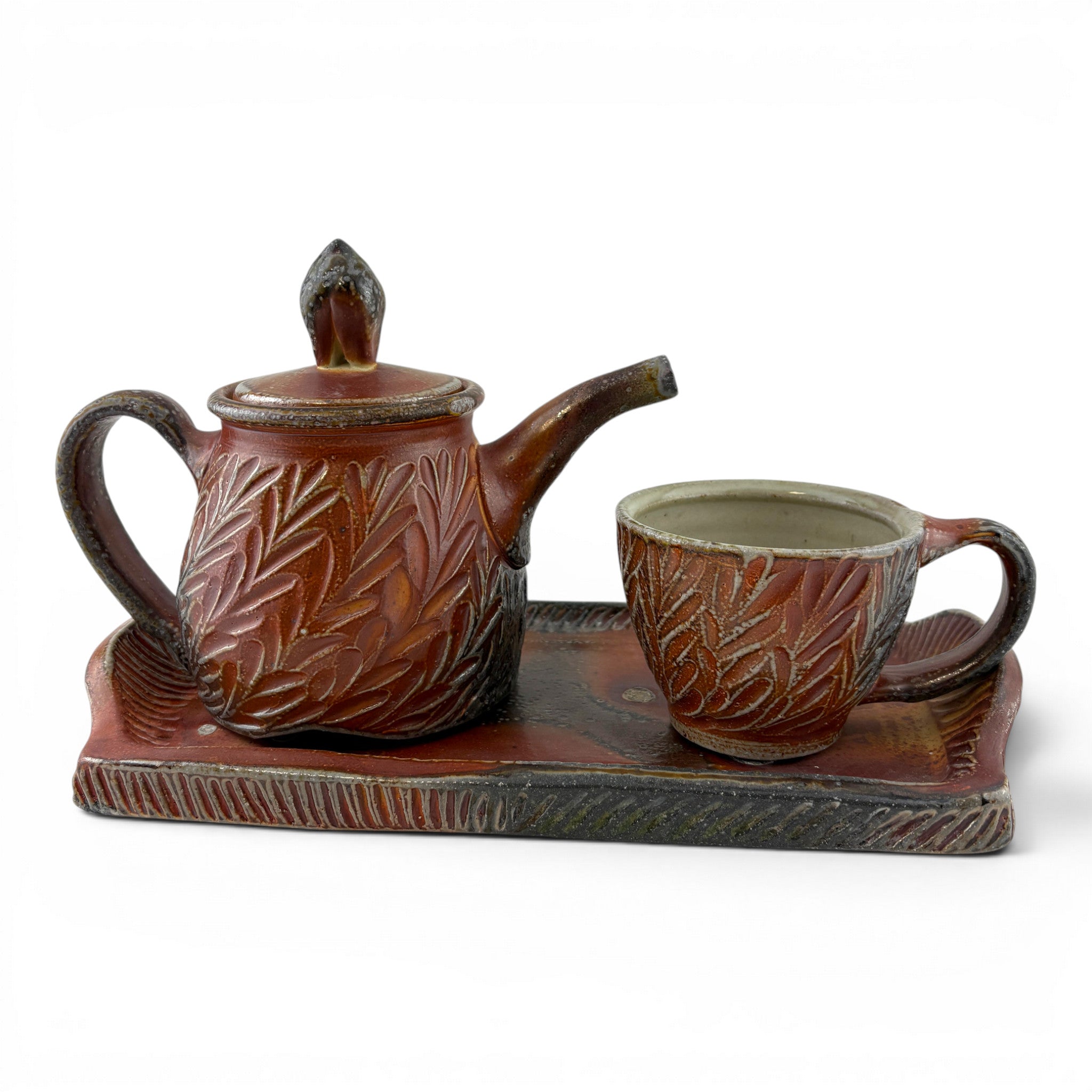 Joy Tanner - Carved Teapot & Cup with Tray