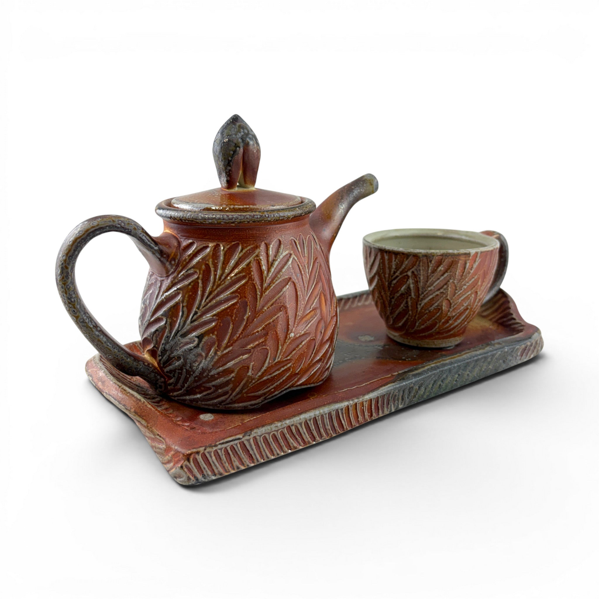 Joy Tanner - Carved Teapot & Cup with Tray