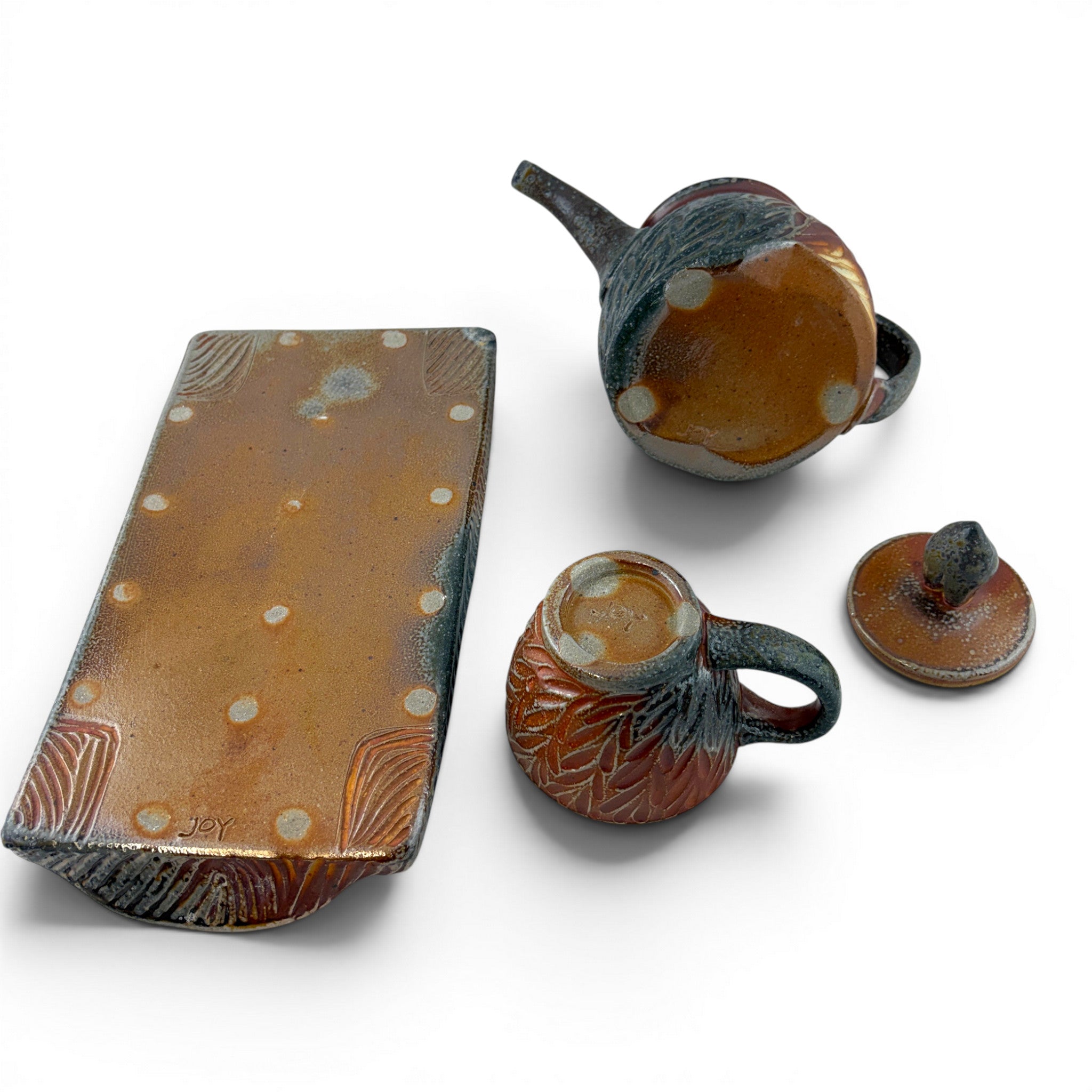 Joy Tanner - Carved Teapot & Cup with Tray
