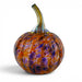 A hand-blown glass pumpkin sculpture with a curved stem, featuring a marbled pattern of purple, orange, and amber tones on a white background.