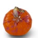 An orange glass pumpkin sculpture with purple speckles and a twisted clear glass stem, shown on a white background.