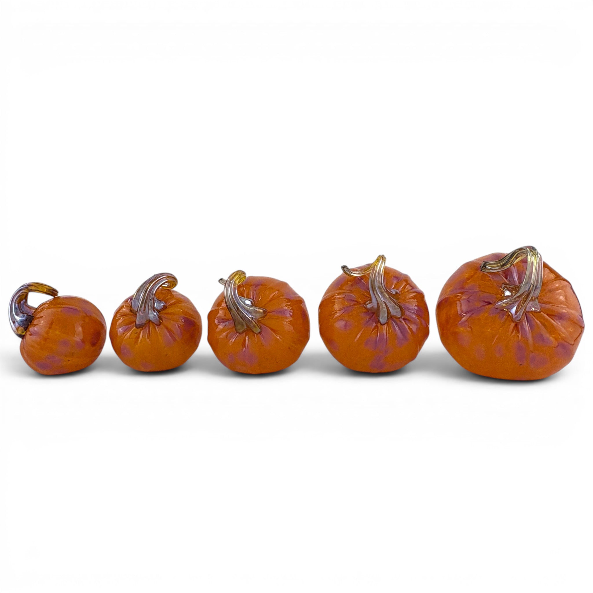 Five small decorative pumpkins arranged in a row on a plain white background. The pumpkins are orange with mottled purple and brown marbling, and each has a metallic silver stem.