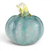 A decorative glass pumpkin with a textured, bubbled surface in shades of light blue and aqua, featuring a translucent yellow-green stem, set against a plain white background.