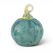 A decorative glass pumpkin ornament with a marbled teal and light blue body, a translucent yellow-green stem, and a looped top, shown on a plain white background.