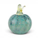 A decorative glass pumpkin with a textured, marbled teal and light blue body and a ribbed clear glass stem with a yellow-green tip, set against a plain white background.