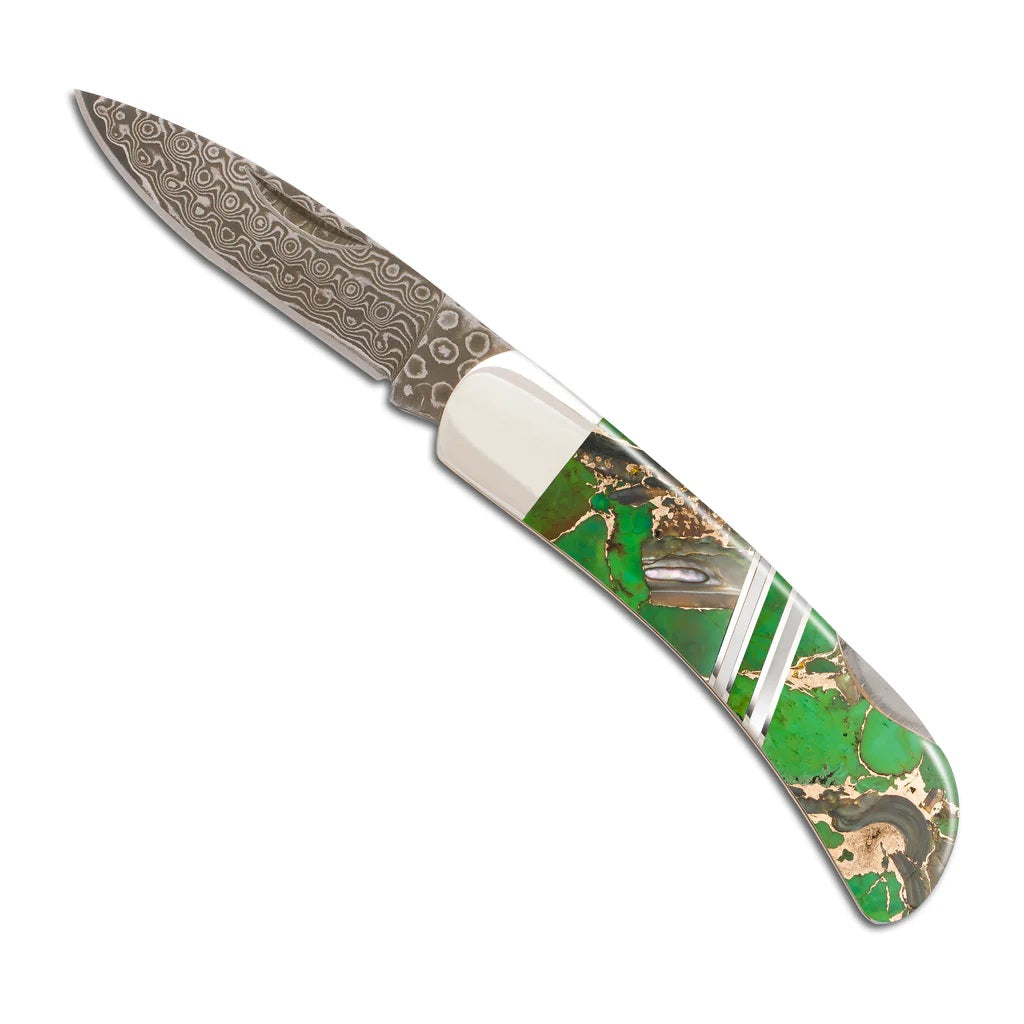 Lock Back Knife - 3 Inches - Green Turquoise & Bronze with Damascus Steel