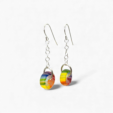 Pair of colorful earrings on a white background