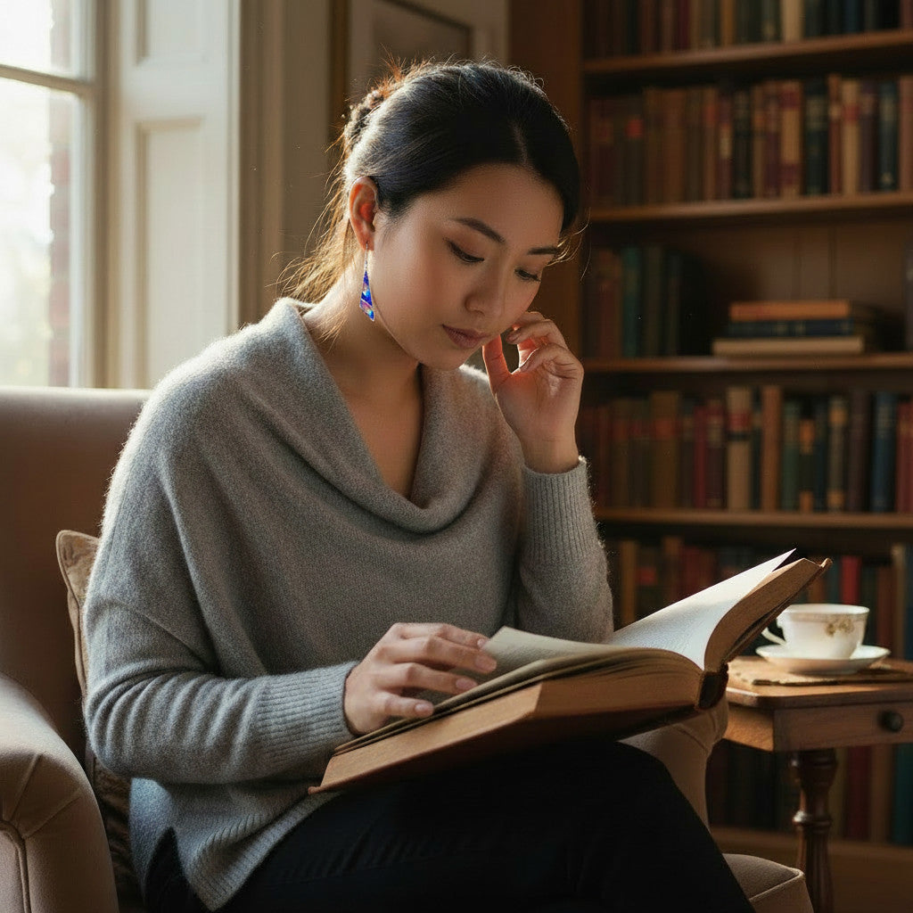 Woman reading a book in a cozy room with bookshelves.