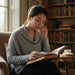Woman reading a book in a cozy room with bookshelves.