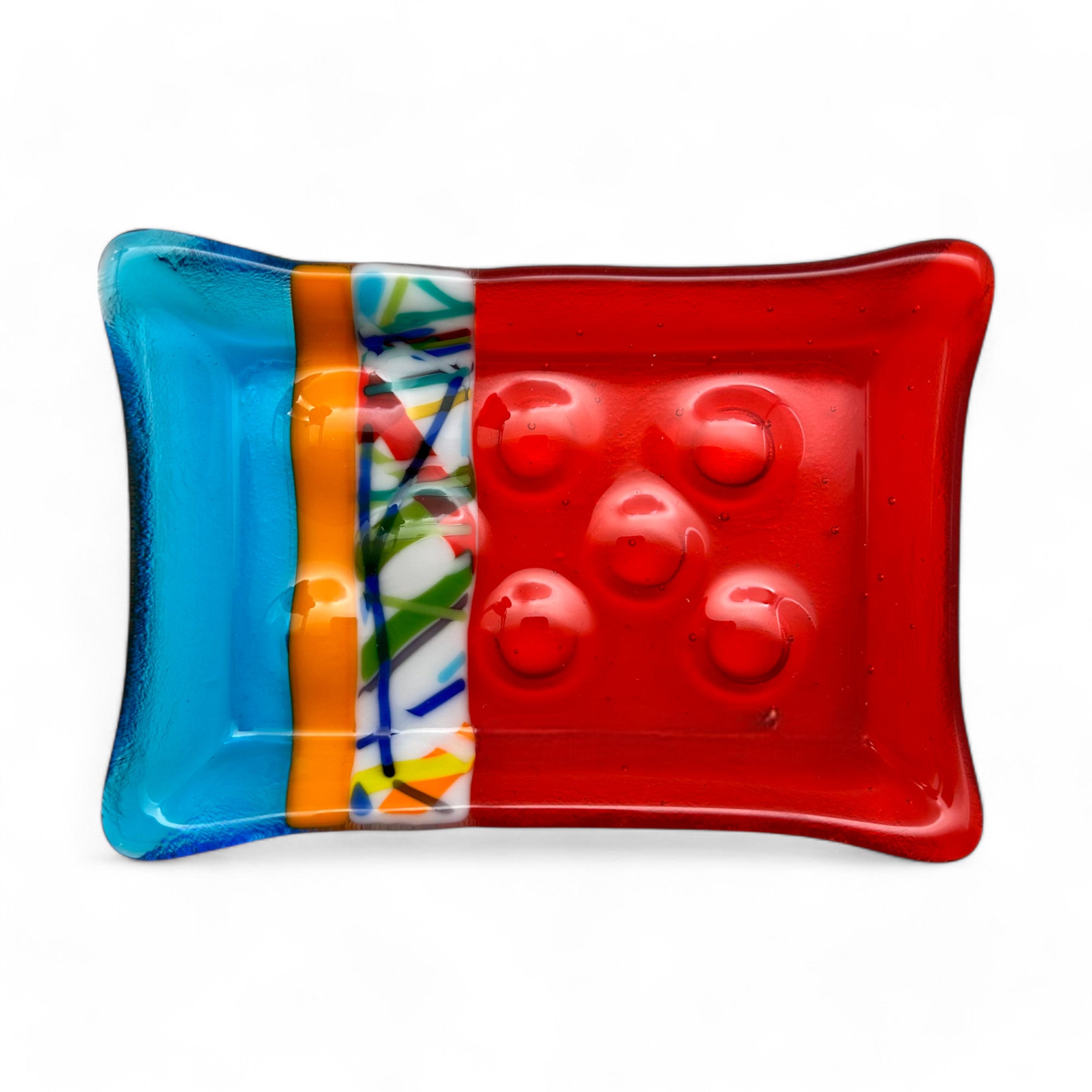 red and blue abstract glass soap dish by Lisa Oakley