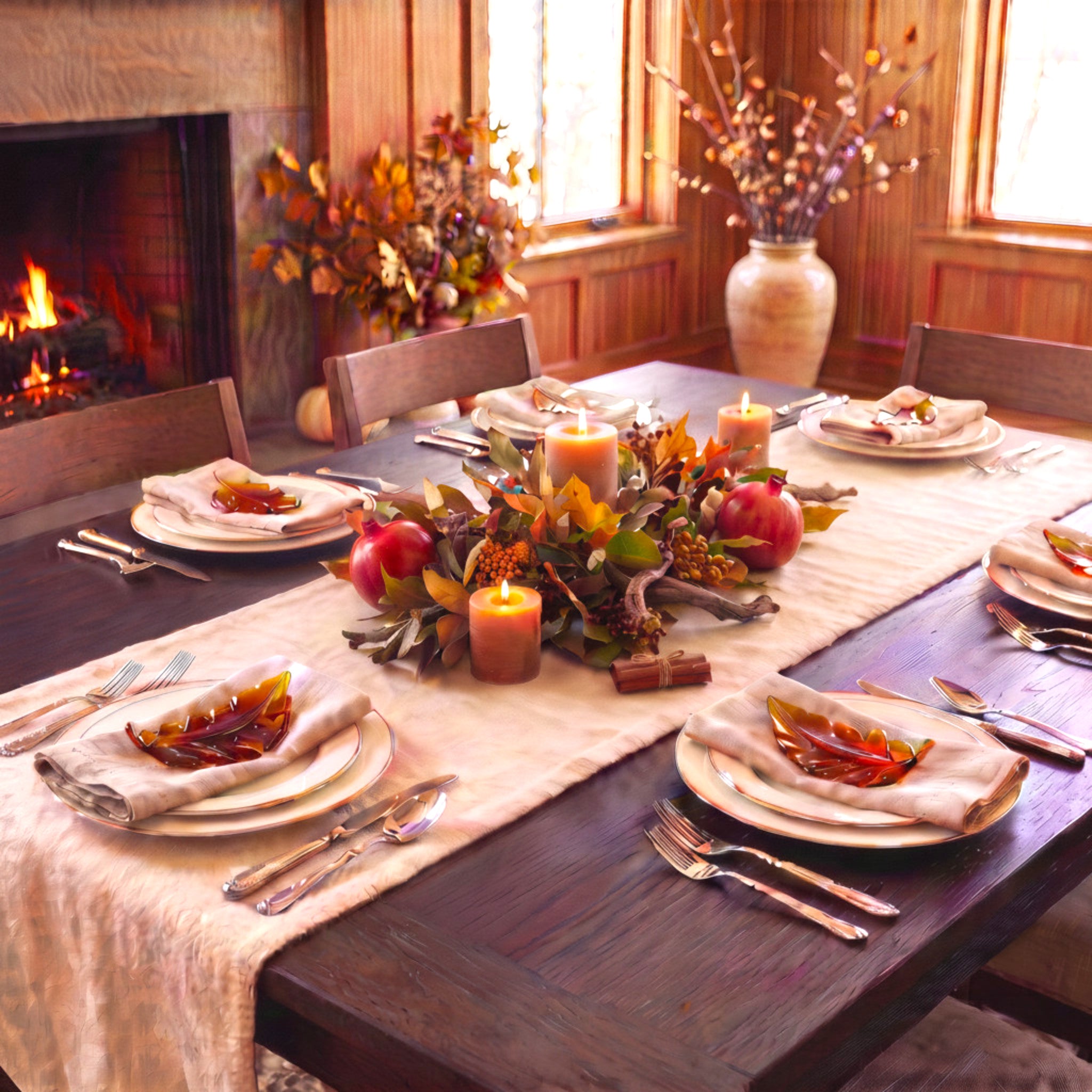An autumn-themed dining table set in a rustic wood-paneled room with a fireplace. The table is decorated with a beige linen runner, place settings with folded cream napkins, silverware, and a central fall foliage centerpiece with candles.