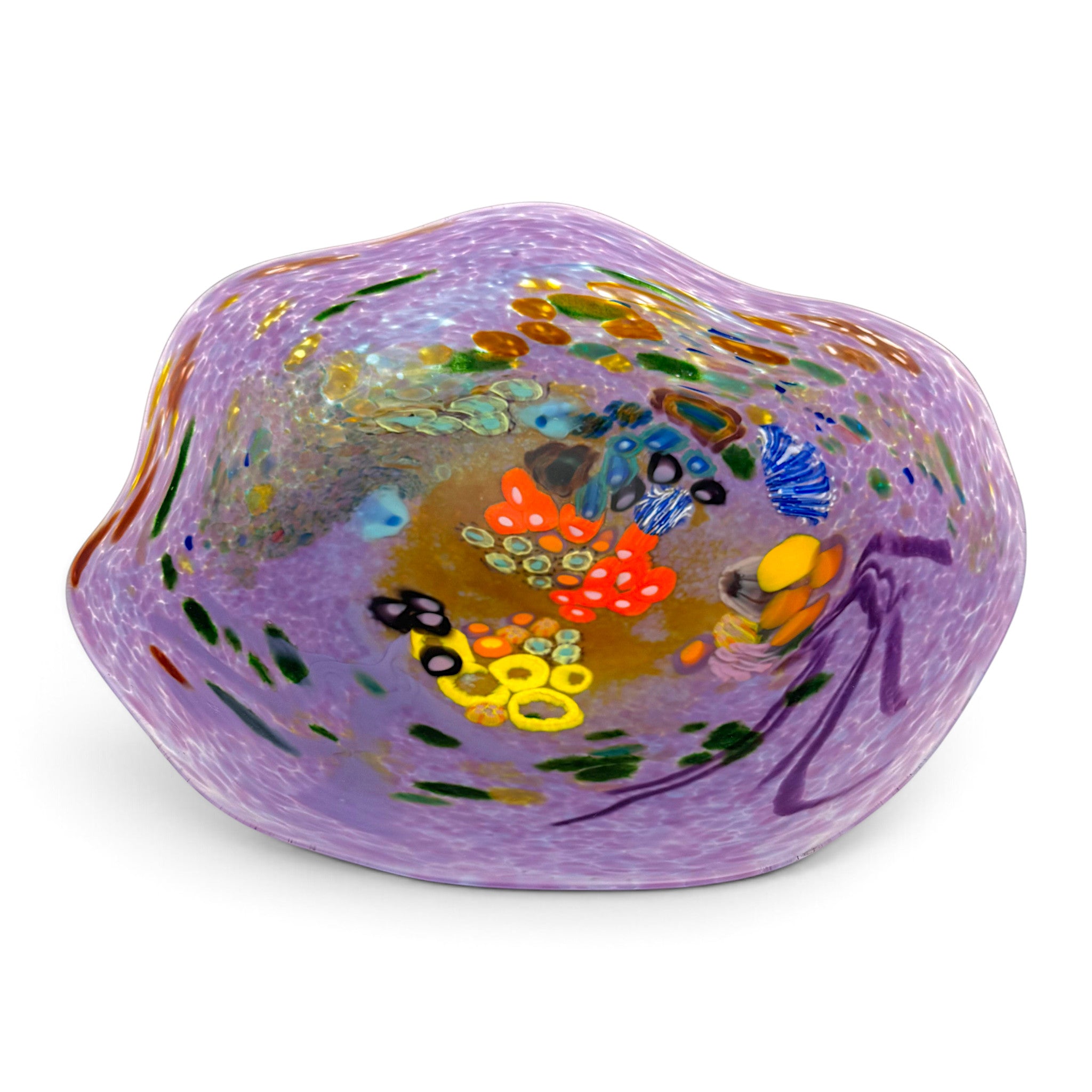 A hand-blown glass art piece reef bowl with a purple base and multicolored mottled patterns, including orange, yellow, green, blue, and black details. 
