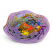 A hand-blown glass art piece reef bowl with a purple base and multicolored mottled patterns, including orange, yellow, green, blue, and black details. 