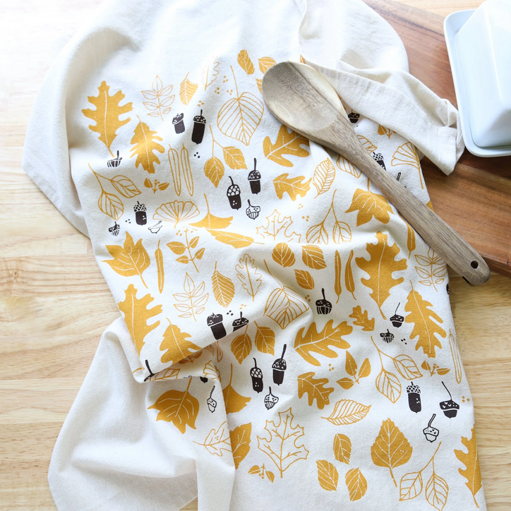 Hand Printed Kitchen Towel - Autumn Leaves