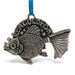 A pewter ornament in the shape of a goldfish with the text 'BE A GOLDFISH' on its body, attached to a teal ribbon.