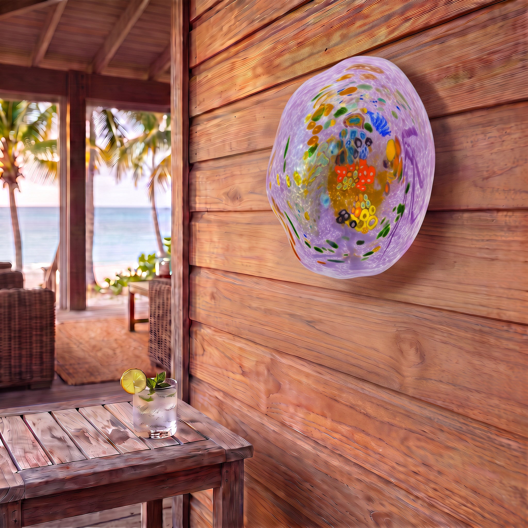 A colorful hand-blown glass bowl mounted on a wooden wall of a beachfront patio, with ocean and palm trees visible in the background.
