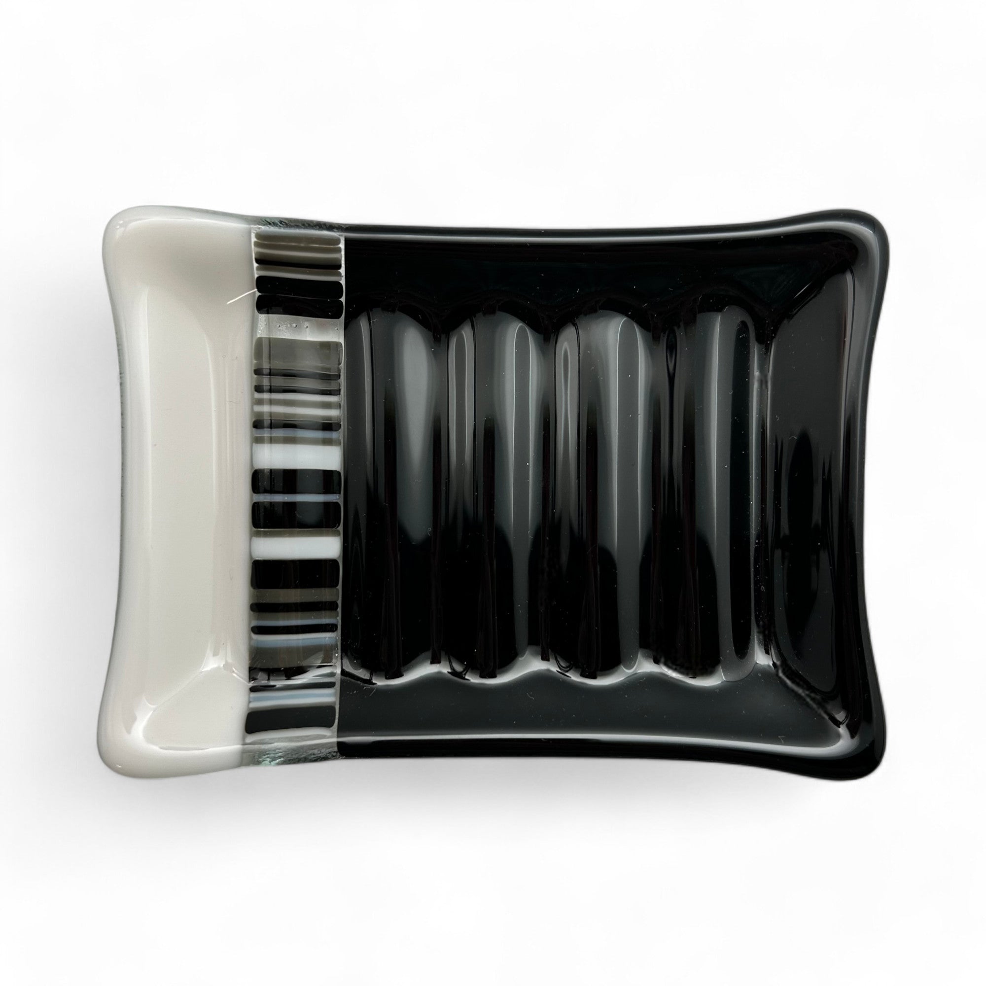black and white glass soap dish by Lisa Oakley