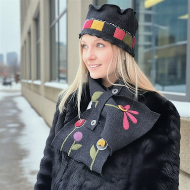 A woman wearing a black felt hat and matching black faux fur coat with colorful embroidered flowers and a decorative collar, standing outdoors in front of a building with snow on the ground.