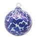 A spherical glass ornament with a metallic sheen, in blue-white, with a spotted pattern.