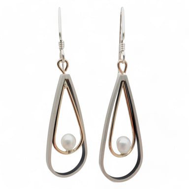 brushed sterling silver and gold-fill earrings with a pearl in a teardrop design