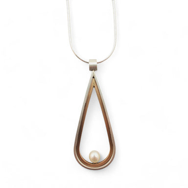 teardrop shaped-brushed sterling silver and gold fill necklace with pearl