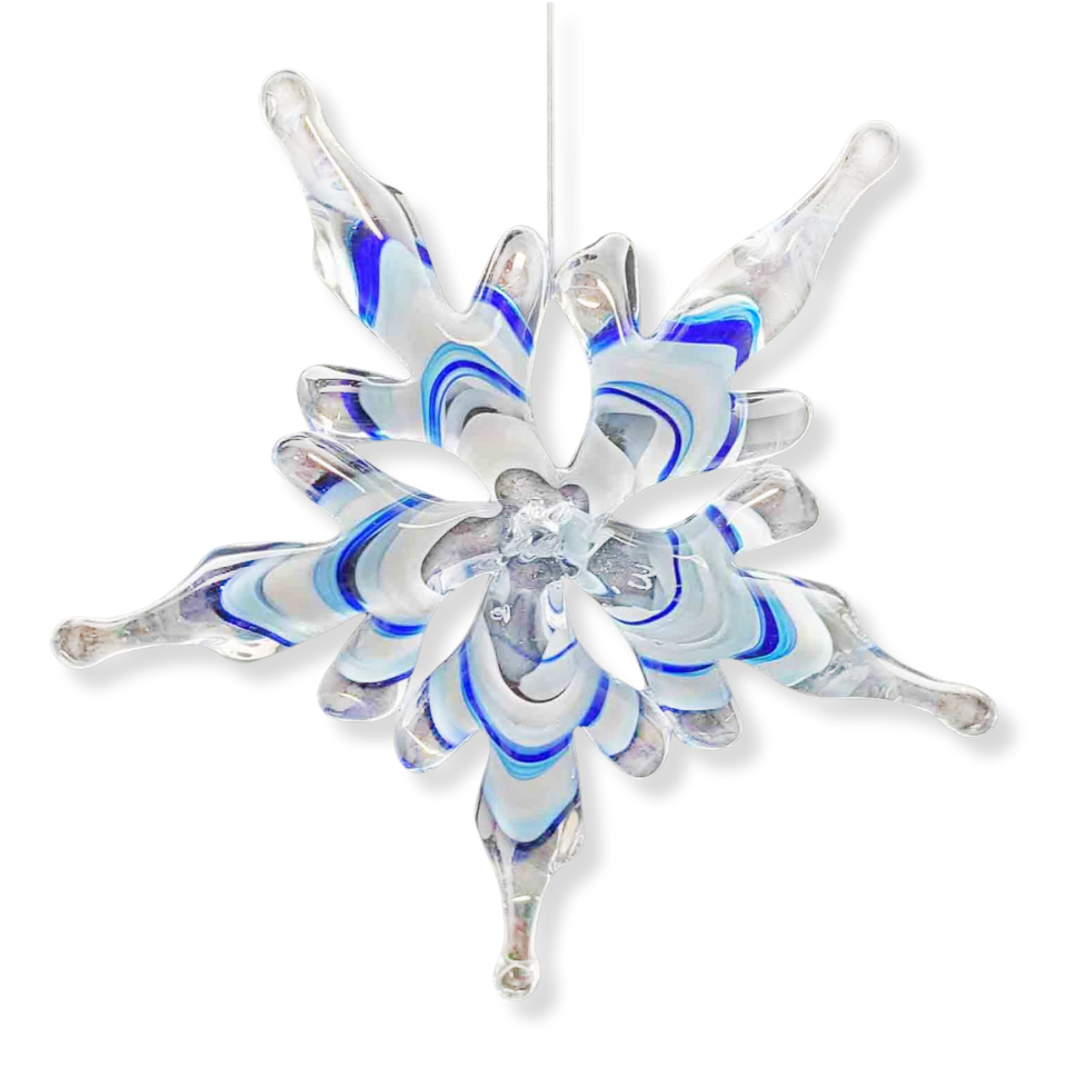 close-up view of handcrafted blue and white glass snowflake