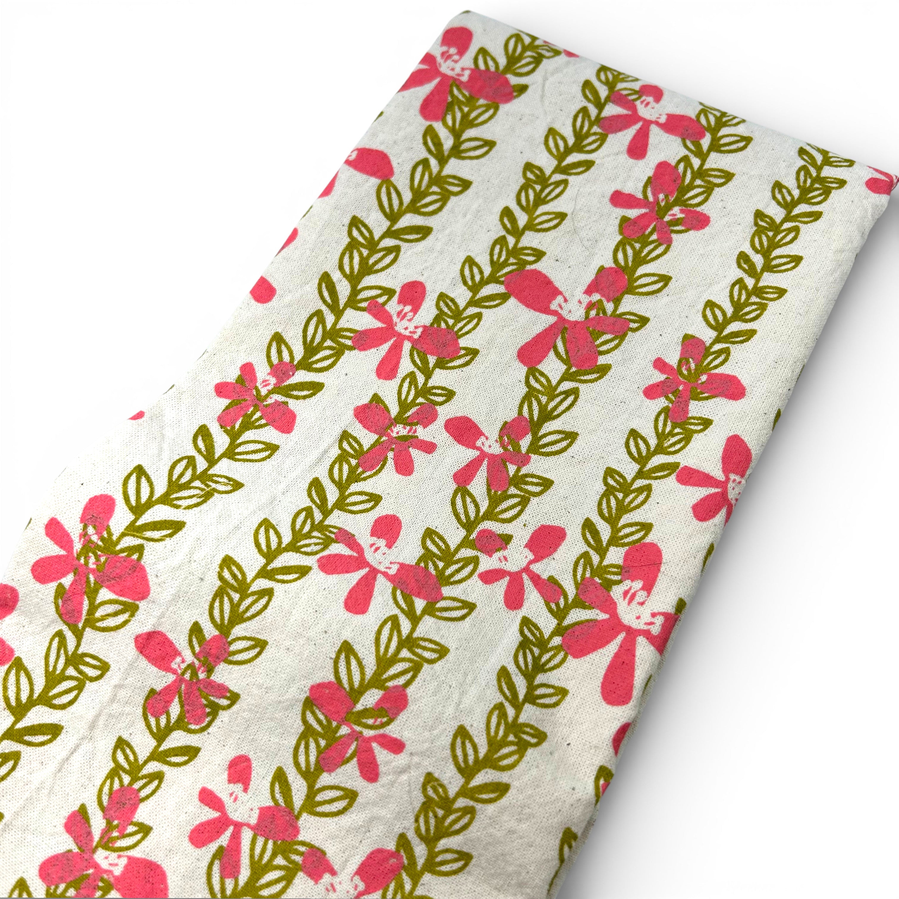 Original illustration floral patterned fabric with pink flowers and green leaves on a white background, printed on a 100% cotton kitchen towel