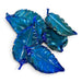 A set of five glossy, hand-blown glass leaves in shades of vibrant blue and deep teal. 