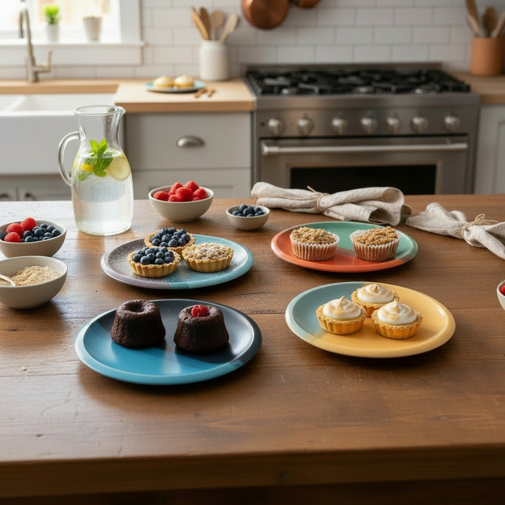 Wooden table with various desserts and colorful two-tone glazed dessert plates in a kitchen setting.