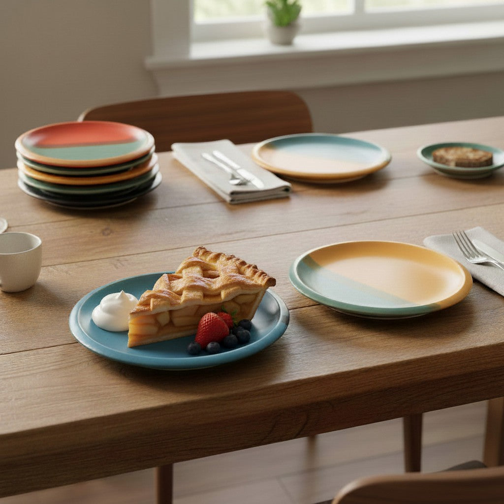 Dining table with colorful plates and dessert create a warm, inviting atmosphere