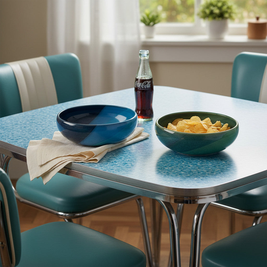 Dining table with handcrafted stoneware serving bowls of food and a bottle of Coca-Cola, surrounded by chairs in a room with a window and plants.