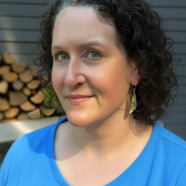 A woman with curly dark hair wearing a bright blue top and a green patterned handcrafted glass dangle earring, photographed outdoors against a gray siding wall and stacked firewood.