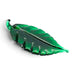 A handcrafted, translucent emerald green glass leaf sculpture.  