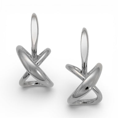 A pair of sterling silver earrings featuring a geometric design that resembles a heart, X, and O shape