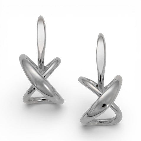 A pair of sterling silver earrings featuring a geometric design that resembles a heart, X, and O shape