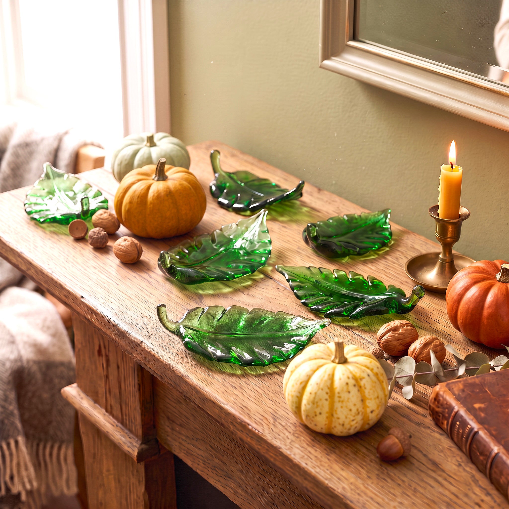 Decorative green glass leaf sculptures arranged on a rustic wooden table alongside small pumpkins, and walnuts.   
