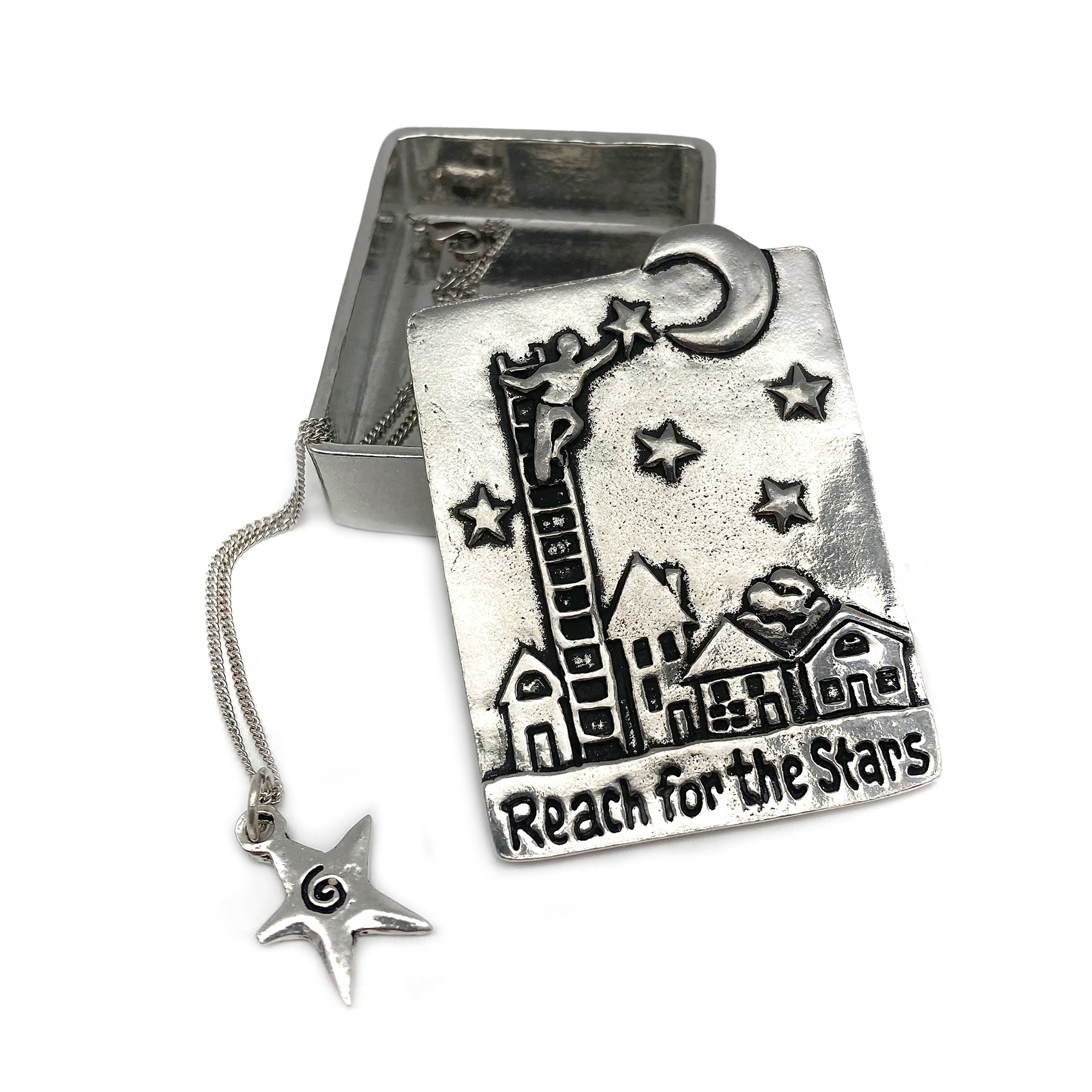 wish box with necklace inside crafted from fine pewter with inspiring reach for the stars message on the top