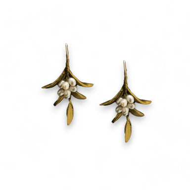 A pair of hand-painted bronze earrings with white freshwater pearl accents, designed to resemble flowering myrtle leaves.