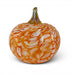 A decorative glass pumpkin with a rounded body featuring marbled orange and white patterns, and a textured amber-brown stem, shown on a clean white background.
