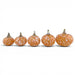 Five decorative glass pumpkins arranged in a row, varying in size, featuring an orange and white marbled pattern with metallic silver stems, set against a plain white background.