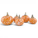 Five decorative glass pumpkins in graduating sizes, featuring an orange and white marbled pattern with metallic silver stems, arranged on a white background.