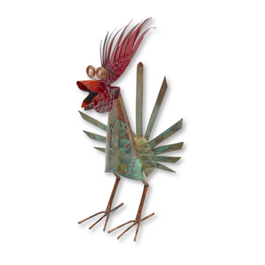 A handcrafted copper rooster with vibrant red paint and a unique patina, designed for indoor or outdoor display.