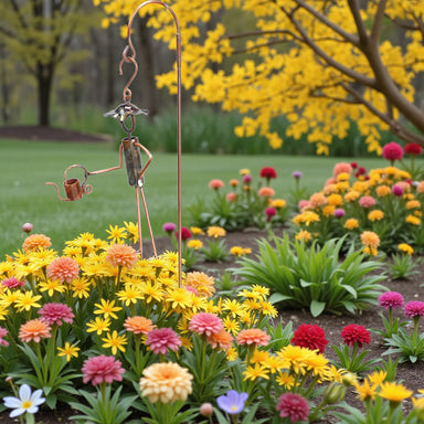 Garden scene with a decorative metal figure among colorful flowers and yellow trees.